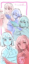 5girls :o blunt_bangs blunt_ends bob_cut bow closed_mouth color-coded commentary_request dated expressionless floral_print floral_print_kimono folding_fan hair_bow hair_bun hair_ribbon hand_fan highres holding holding_fan ikizulive!_love_live!_bluebird in-franchise_crossover japanese_clothes kimono komagata_hanabi kurosawa_dia link!_like!_love_live! long_hair long_sleeves love_live! love_live!_nijigasaki_high_school_idol_club love_live!_school_idol_project love_live!_sunshine!! medium_hair mifune_shioriko mole mole_under_mouth momose_ginko momose_ginko_(summer_casual) multiple_girls neck_ribbon obi obijime open_mouth print_kimono ribbon sash short_hair shrug_(clothing) signature single_hair_bun smile sonoda_umi split_mouth trait_connection ui_yukito virtual_youtuber