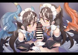2girls absurdres apron bar_censor black_dress black_sleeves blue_bow blue_bowtie blue_horns blue_tail blue_wings bow bowtie braid censored clothed_female_nude_male cooperative_fellatio cum cum_on_body cum_on_hair detached_sleeves dragon_girl dragon_horns dragon_tail dragon_wings dress erection facial fellatio ffm_threesome gloves group_sex hetero highres horns large_penis licking licking_penis lind_(princess_connect!) long_hair looking_at_viewer maid maid_apron maid_headdress miyamori727 multiple_girls nude one_side_up oral penis precum princess_connect! puffy_sleeves red_bow red_bowtie red_wings shimaidon_(sex) siblings sisters tail teamwork_(sexual) threesome tongue tongue_out twins white_apron white_gloves wings wurm_(princess_connect!) yellow_eyes