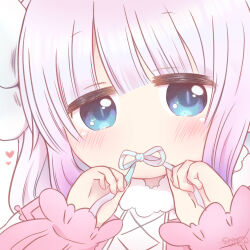 1girl absurdres artist_name blue_eyes blunt_bangs blush bow close-up closed_mouth dragon_horns eyelashes frilled_sleeves frills fur-trimmed_collar fur_trim gradient_hair hand_on_own_face heart highres holding holding_ribbon horns kanna_kamui kobayashi-san_chi_no_maidragon kuma_desuyan long_hair long_sleeves mouth_hold multicolored_hair puffy_sleeves purple_hair ribbon ribbon_in_mouth sidelocks signature sleeves_past_wrists solo upper_body white_background