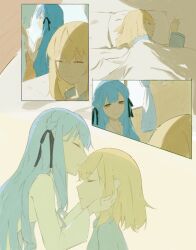 2girls bang_dream! bang_dream!_it&#039;s_mygo!!!!! black_ribbon blonde_hair blue_hair commentary hair_ribbon kiss kissing_forehead maa-chan_(sima) medium_hair misumi_uika morning multiple_girls on_bed pillow ribbon smile togawa_sakiko two_side_up under_covers waking_up yellow_eyes yuri