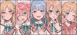 5boys :p alternate_hair_length alternate_hairstyle april_fools blonde_hair blue_hair blush bow bowtie c54chu0113 crossdressing crossdressing_(mtf) ensemble_stars! green_eyes hand_on_own_cheek hand_on_own_face hands_on_own_chest harukawa_sora heart heart_in_eye highres himemiya_tori looking_at_viewer male_focus multiple_boys nito_nazuna official_alternate_hair_length official_alternate_hairstyle plaid_bow plaid_bowtie plaid_clothes red_eyes school_uniform shino_hajime shiratori_aira_(ensemble_stars!) shiratori_aira_(scramble_private_academy)_(ensemble_stars!) short_eyebrows symbol_in_eye tongue tongue_out trap upper_body v v_over_mouth