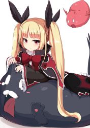 1girl bad_id bad_pixiv_id blazblue blonde_hair blush_stickers bow cat demon_wings dress fangs frown gii gothic_lolita grabbing_another&#039;s_ear hair_ribbon hand_on_another&#039;s_ear highres lolita_fashion long_hair looking_at_viewer lying nago ocha_(ochappie) on_stomach open_mouth rachel_alucard red_bow red_eyes ribbon shadow slit_pupils tears twintails wide_sleeves wings