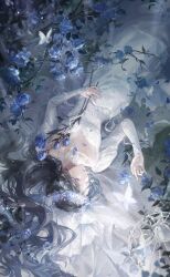Rule 34 | 1girl, artist request, black hair, blue flower, blue rose, breasts, bride, bug, butterfly, celina (shining nikki), choker, cleavage, closed eyes, closed mouth, dress, expressionless, feet out of frame, flower, game cg, hair spread out, head wreath, highres, holding, holding flower, indoors, insect, lace, lace choker, light particles, long hair, long sleeves, lying, moonlight vow (shining nikki), navel, nikki (series), official art, on back, rose, shade, shining nikki, solo, upside-down, very long hair, wavy hair, wedding dress, white choker, white dress, white flower, white rose