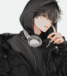 Rule 34 | 1boy, aqua eyes, black hair, black hoodie, black jacket, en (e898n), eyes visible through hair, hair over eyes, hand on own cheek, hand on own face, headphones, headphones around neck, highres, hood, hood up, hoodie, jacket, long sleeves, looking at viewer, male focus, original, parted lips, short hair, simple background, solo, teeth, upper body, white background