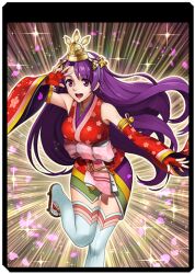 1girl asamiya_athena bow breasts dress female_focus fingerless_gloves floral_print flower gloves gold hair_ornament hairband headband jewelry large_breasts leg_up long_hair long_sleeves open_mouth pale_skin petals purple_eyes purple_hair skirt smile smiley_face snk socks standing standing_on_one_leg star_(symbol) the_king_of_fighters