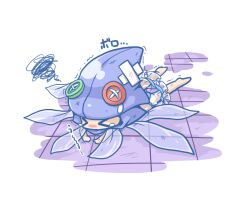 &gt;_&lt; 1girl blue_panties blush closed_eyes commentary_request crossed_bandaids defeat dress full_body hat neko_yume panties ragnarok_online sedora see-through_clothes see-through_dress solo squid_hat squiggle tearing_up tile_floor tiles trembling underwear white_background