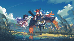 3girls :d ^_^ ahoge ankle_lace-up arm_cannon asymmetrical_sleeves bandaged_leg bandages banjie black_bow black_dress black_hat black_shoes blonde_hair blue_bow blue_sky boots bow chinese_commentary cirno closed_eyes closed_mouth cloud commentary_request day dress fold-over_boots frilled_sleeves frills full_body grey_boots hair_bow hand_fan hat hat_bow highres holding holding_fan hug hug_from_behind ice ice_wings layered_sleeves long_hair long_sleeves multiple_girls open_mouth outdoors pink_shoes pink_skirt purple_hair red_eyes red_hair reiuji_utsuho remilia_scarlet shirt shoes short_hair short_over_long_sleeves short_sleeves skirt sky smile touhou uneven_sleeves weapon white_shirt wide_sleeves wings