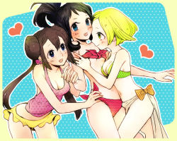 Rule 34 | 10s, 3girls, bianca (pokemon), bikini, blonde hair, blue eyes, blush, bow, breasts, brown hair, cleavage, double bun, front-tie top, green eyes, hair bun, heart, hilda (pokemon), holding hands, hug, long hair, md5 mismatch, multiple girls, nintendo, pokemon, pokemon bw, pokemon bw2, ponytail, red bikini, rosa (pokemon), shigeru, short hair, shorts, side-tie bikini bottom, sweat, swimsuit, twintails, undressing, yuri