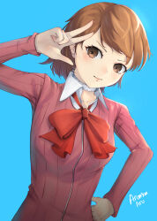 1girl absurdres artist_name aruman.aru blue_background blush bow bowtie brown_eyes brown_hair cardigan choker closed_mouth collared_shirt commentary english_commentary gekkoukan_high_school_uniform hand_on_own_hip hand_up highres long_sleeves looking_at_viewer loose_bowtie persona persona_3 pink_cardigan red_bow red_bowtie ribbed_cardigan school_uniform shirt short_hair simple_background solo takeba_yukari upper_body v white_choker white_shirt