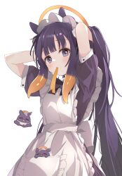 1girl :d alternate_costume apron arms_behind_head blush commentary enmaided fang halo highres hololive hololive_english long_hair looking_at_viewer maid maid_apron maid_headdress mole mole_under_eye mouth_hold nahae ninomae_ina&#039;nis open_mouth purple_eyes purple_hair simple_background smile solo takodachi_(ninomae_ina&#039;nis) tentacle_hair tying_hair very_long_hair virtual_youtuber white_background