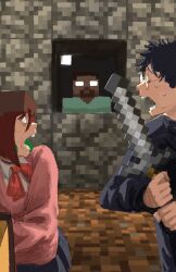 1girl 2boys absurdres ayase_momo black_choker black_jacket blank_eyes block_(minecraft) bow bowtie brown_hair choker cobblestone commentary crossover dandadan earrings english_commentary gakuran glowing glowing_eyes herobrine highres holding holding_sword holding_weapon indoors jacket jewelry long_sleeves looking_at_another looking_back minecraft minecraft_sword multiple_boys pendant_earring pink_sweater red_bow red_bowtie scared school_uniform short_hair sweatdrop sweater sword takakura_ken_(dandadan) titann weapon wide-eyed