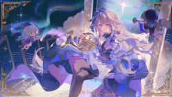 Rule 34 | 1girl, absurdres, black pantyhose, brown hair, character name, crossed legs, doll, dress, floating hair, flower, hair flower, hair ornament, herta (honkai: star rail), highres, holding, holding instrument, honkai: star rail, honkai (series), instrument, long hair, niukou kouzi, official alternate costume, pantyhose, parted lips, purple eyes, sheet music, sitting, smile, solo, the herta (honkai: star rail), the herta (star rail live 2025) (honkai: star rail)