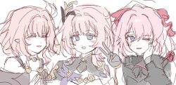 Rule 34 | 3girls, ;o, black dress, black gloves, blue eyes, breasts, coat, color connection, commentary request, company connection, cyrene (honkai: star rail), dress, elf, elysia (honkai impact), elysia (miss pink elf) (honkai impact), falkenhayn mercenary leader (zenless zone zero), gloves, hair color connection, highres, honkai: star rail, honkai (series), honkai impact 3rd, inoue marina, ko (assd 009), korean commentary, long hair, multiple girls, one eye closed, pink hair, pointy ears, purple eyes, short hair, shrug (clothing), upper body, v, voice actor connection, yanning, zenless zone zero