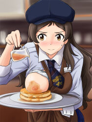Rule 34 | 1girl, apron, blush, bra, breast rest, breast slip, breasts, breasts out, brown eyes, brown hair, carried breast rest, carrying, employee uniform, food, hat, idolmaster, idolmaster million live!, kitazawa shiho, lielos, long hair, medium breasts, name tag, necktie, nipples, one breast out, pancake, shirt, solo, sweatdrop, tray, underwear