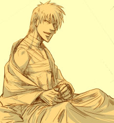 1boy akagi akagi:_yami_ni_oritatta_tensai akagi_shigeru fukumoto_mahjong male_focus monochrome pointy_nose simple_background solo tagme yellow_background yellow_theme