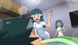 Rule 34 | 1boy, 2girls, aqua hair, artist name, ash ketchum, bed, bent over, blue eyes, blue hair, breasts, dawn (pokemon), dr. abby (pokemon), dress, fankifalu, female focus, hair ornament, hairclip, hand on own knee, hand up, happy, holding, holding syringe, hospital bed, indoors, injection, japanese text, legs, light blush, long hair, looking at another, low-tied sidelocks, matching hair/eyes, medium breasts, multiple girls, neck, nintendo, no headwear, nurse, open mouth, pokemon, pokemon (anime), pokemon dppt (anime), pokemon rse (anime), short dress, short hair, short sleeves, side slit, sidelocks, sidelocks tied back, small breasts, standing, syringe, television, thighs, turtleneck, turtleneck dress