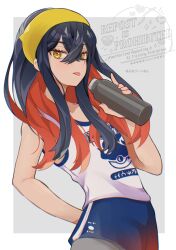 1girl black_hair blue_shorts bottle carmine_(pokemon) colored_inner_hair crossed_bangs eyelashes hairband holding holding_bottle long_hair looking_at_viewer mizuiro123 mole multicolored_hair nintendo pokemon pokemon_sv red_hair shirt shorts sportswear tank_top tongue tongue_out two-tone_hair white_tank_top workout_clothes yellow_eyes yellow_hairband