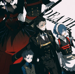 5boys apron belt black_coat black_gloves black_hair black_necktie blue_eyes blue_hair blue_shirt chinese_commentary coat coat_on_shoulders collared_shirt crossdressing dress elbow_gloves english_text eyes_visible_through_hair feather_dress frilled_gloves frills gloves hair_slicked_back hand_up hands_in_pockets head_out_of_frame holding holding_sword holding_umbrella holding_weapon kaede1231 looking_ahead looking_at_viewer maid maid_apron maid_headdress male_focus male_maid mochizuki_ryouji multiple_boys necktie nyx_avatar persona persona_3 pharos ponytail red_dress scabbard sheath shirt short_hair short_ponytail smile sword thanatos_(persona) umbrella weapon white_background white_gloves white_shirt yawning yuuki_makoto_(persona_3)
