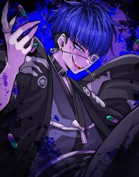 1boy absurdres animal_print black_hair black_haori blue_hair chin_piercing choker cracked_skin earrings eye_print eyepatch face_piercing fingernails grey_eyes hand_up haori highres japanese_clothes jewelry kanazuki kimono light_blush male_focus multicolored_hair omokage_yugamu piercing pill print_eyepatch ring sharp_fingernails short_hair smile solo spider_print sweat sweatdrop teeth the_hundred_line_-last_defense_academy- upper_body upper_teeth_only