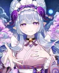 1girl bell black_choker blue_hair bow cherry_blossoms choker closed_mouth detached_sleeves double_bun earrings frilled_sleeves frills full_moon genshin_impact hair_bun hair_ornament hand_on_own_chest highres japanese_clothes jewelry jingle_bell kimono long_hair long_sleeves looking_at_viewer maid_headdress moon night night_sky obi outdoors petals pink_kimono pointy_ears purple_bow purple_eyes sash shifu0321 sky smile solo upper_body wide_sleeves yumemizuki_mizuki