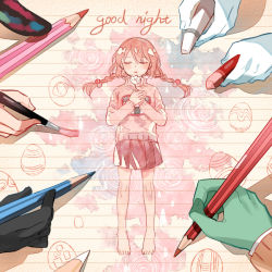 1girl bare_legs barefoot black_skin braid brown_hair closed_eyes colored_skin crayon drawing egg english_text flower getiao green_skin hair_bobbles hair_ornament holding holding_flower long_hair long_sleeves madotsuki miniskirt monoe monoko own_hands_together paintbrush painting_(object) pencil pink_shirt pink_skirt pleated_skirt poniko rain ripples sekomumasada_sensei shade shirt shitaisan sketchbook skirt solo_focus twin_braids twintails uboa water_drop white_flower white_skin yume_nikki