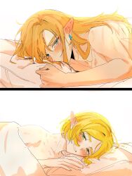 1boy 1girl bed_sheet big_egg526 bite_mark blue_eyes blush closed_mouth ear_piercing green_eyes grin highres korean_commentary link long_hair lying muscular muscular_male naked_sheet nintendo on_bed piercing pillow pointy_ears princess_zelda short_hair simple_background smile the_legend_of_zelda the_legend_of_zelda:_tears_of_the_kingdom white_background