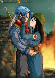 1boy 1girl almost_kiss black_eyes black_hair blue_eyes blue_hair couple dragon_ball dragon_ball_super fire franfuentesart2 highres hug long_hair mai_(future)_(dragon_ball) scratches short_hair sword trunks_(dragon_ball) trunks_(future)_(dragon_ball) weapon