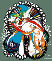 1boy 1girl carrying character_name eye_contact full_body gallade gardevoir gen_3_pokemon gen_4_pokemon green_background green_hair looking_at_another mega_gallade mega_gardevoir mega_pokemon nintendo no_feet ota&#039;s pokemon princess_carry red_eyes smile stained_glass standing wedding