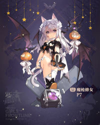 1girl aiming aiming_at_viewer alternate_costume animal_ears bat_(animal) bat_wings black_shoes candle cat_ears cat_tail character_name copyright_name damaged dinergate_(girls&#039;_frontline) dress full_body girls&#039;_frontline glint gun handgun official_alternate_costume official_art p7_(girls&#039;_frontline) p7_(sister_gunslinger)_(girls&#039;_frontline) pistol purple_eyes saru shaded_face shoes stomach tail thick_eyebrows thighhighs tombstone torn_clothes torn_dress torn_legwear weapon white_hair white_thighhighs wings