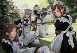 6+girls aiming animal_ears apron armband bag blood blood_stain braid braided_bun brown_hair collar crying crying_with_eyes_open cuffs dress earrings feiqizi_(fkey) fence firing_squad fkey flag flower frills glasses gun gun_sling hair_between_eyes hair_bun hair_ornament hairclip injury jewelry kneehighs kneeling loafers long_hair long_sleeves looking_at_viewer looking_back lying maid maid_apron maid_headdress multiple_girls musket neckerchief necktie on_back original outdoors ponytail red_eyes red_hair rose sash satchel shadow shoes silver_hair sleeve_cuffs socks stained_clothes standing tears war weapon wince worried