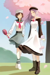 1boy 2girls absurdres anchor_symbol black_boots black_hair black_shorts black_skirt black_socks blue_hair blue_sky bobby_socks boots cherry_blossoms choker dress full_body grass green_eyes hand_on_own_hip hat highres holding holding_ladle jewelry kumoi_ichirin ladle layered_dress long_hair long_sleeves multiple_girls murasa_minamitsu neckerchief o-ring o-ring_choker outdoors pendant petals red_neckerchief school_uniform serafuku shirt shoes shorts shorts_under_skirt skirt sky socks standing thursyue touhou tree unzan white_hat white_shirt white_shoes