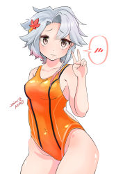 1girl akishimo_(kancolle) alternate_costume artist_name asymmetrical_bangs asymmetrical_hair breasts brown_hair collarbone commentary_request competition_swimsuit cowboy_shot dated embarrassed female_focus gradient_hair hair_ornament highres kantai_collection komb looking_at_viewer multicolored_hair one-piece_swimsuit orange_one-piece_swimsuit short_hair_with_long_locks silver_hair small_breasts solo spoken_blush swimsuit v