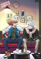 2boys albert_heinrich alcohol black_gloves black_shoes blue_pants cup cyborg cyborg_009 dragon-inn gloves grey_hair hand_on_another&#039;s_shoulder highres holding holding_cup jacket jacket_on_shoulders jet_link long_hair looking_at_another multiple_boys orange_hair pants red_shoes shoes short_hair smile