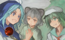 Rule 34 | 3girls, :d, animal ears, blue eyes, blue hair, blue sailor collar, cloud, cloudy sky, cookie (touhou), eyepatch, green eyes, green hair, grey hair, grey sky, grin, highres, hood, hood up, jewelry, kumoi ichirin, looking at another, manatsu no yo no inmu, mouse ears, multiple girls, murasa minamitsu, nazrin, neckerchief, necklace, nuppehofu (nibuta), one eye covered, open mouth, outdoors, red eyes, red neckerchief, sailor collar, school uniform, serafuku, short hair, sky, smile, touhou, vest, zun hat