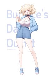 1girl absurdres alternate_costume blonde_hair blue_jacket blue_shoes blue_skirt breasts burnice_white casual character_name cleavage cup disposable_cup full_body hand_on_own_hip highres holding holding_cup jacket large_breasts long_sleeves looking_at_viewer medium_hair open_clothes open_jacket open_mouth red_eyes shirt shoes simple_background skirt smile standing taiyaki12 two_side_up white_background white_shirt zenless_zone_zero
