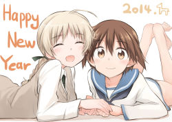 10s 2014 2girls :3 :d ^_^ ahoge bad_feet barefoot blush braid brown_eyes brown_hair closed_eyes closed_eyes happy_new_year holding_hands long_hair looking_at_viewer lying lynette_bishop miyafuji_yoshika multiple_girls new_year on_stomach open_mouth sandwich_(artist) short_hair smile strike_witches tsuchii_(ramakifrau) world_witches_series yuri