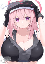 1girl absurdres adjusting_eyewear artist_name bare_shoulders black_gloves black_sports_bra blue_archive blush breasts cleavage closed_mouth collarbone eimi_(blue_archive) gloves halo highres huge_breasts jam_(jamjam777) long_hair looking_at_viewer pink_eyes pink_hair pink_halo simple_background singaporean_flag solo sports_bra white_background