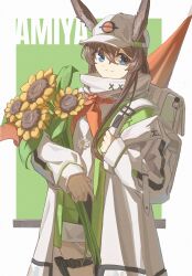 Rule 34 | 1girl, alternate costume, amiya (arknights), animal ears, arknights, baseball cap, blue eyes, brown hair, character name, closed mouth, coat, commentary request, de-lease, facing viewer, flower, hat, highres, holding, holding flower, long hair, long sleeves, looking ahead, looking at viewer, neckerchief, orange neckerchief, smile, solo, sunflower, white bag, white coat, white hat