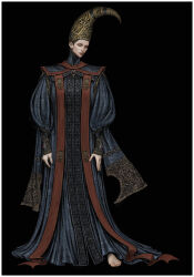 1girl absurdres barefoot black_background black_hair blue_dress blue_robe border brooch closed_eyes conical_hat dress elden_ring full_body highres jeweled_hat jewelry long_sleeves ornate_clothes puffy_sleeves rennala_queen_of_the_full_moon robe robinrot solo standing stole tall_hat white_border