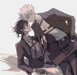 Rule 34 | 2boys, alternate costume, bed sheet, belt, black belt, black eyes, black gloves, black hair, black jacket, black necktie, black pants, cheng xiaoshi, chest belt, chest harness, closed mouth, clothes grab, collared shirt, eye contact, formal clothes, gloves, grey vest, gun, hand on another&#039;s waist, harness, highres, holding, holding gun, holding weapon, jacket, leg grab, long sleeves, looking at another, lu guang, lying, male focus, multiple boys, necktie, necktie grab, neckwear grab, on bed, open clothes, open jacket, pants, parted lips, ponytail, profile, radical 71, shiguang dailiren, shirt, short hair, short ponytail, simple background, sitting, smile, spread legs, standing, suit, thigh strap, vest, weapon, white background, white hair, white shirt, yaoi
