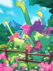 absurdres antennae blue_sky chikorita colored_skin day fence flower gen_2_pokemon gen_4_pokemon grass green_skin highres leaf legendary_pokemon meganium mythical_pokemon nintendo no_humans open_mouth outdoors pink_flower pokemon pokemon_(creature) shaymin shaymin_(land) sky taplaos tree wooden_fence