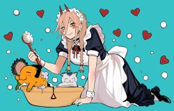 1girl bathing black_nails blue_background braid cat chainsaw_man demon_girl demon_horns dog heart holding holding_brush horns kneeling looking_at_viewer maid meowy_(chainsaw_man) orange_hair pochita_(chainsaw_man) power_(chainsaw_man) relaxing sailen0 soap twin_braids