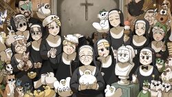 1boy 6+girls :d bird black_bow black_bowtie black_eyes black_hair blonde_hair blue_eyes blue_jay bow bowtie brown_eyes brown_hair bunny_nun_(diva) chicken closed_eyes clumsy_nun_(diva) commentary cricket_bat cross crow diva_(hyxpk) duck duck_hat duckling english_commentary everyone facial_hair father_(diva) food freckles freckles_nun_(diva) frog frog_hat frog_headband froggy_nun_(diva) glasses glasses_nun_(diva) goose grey_hair habit hair_ornament hat hedgehog highres hungry_nun_(diva) ice_cream leaf_nun_(diva) little_nuns_(diva) mother_superior_(diva) mouse_(animal) multiple_girls nausea nervous_sweating nun open_mouth ostrich owl pancake_nun_(diva) rabbit_hair_ornament red_star round_eyewear sculpture shaded_face sheep_nun_(diva) smile smug_nun_(diva) soft_serve spicy_nun_(diva) star_(symbol) star_nun_(diva) star_ornament strict_nun_(diva) sunglasses sweat toilet_paper traditional_nun turn_pale v