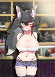 1girl alternate_costume animal_ear_fluff animal_ears arms_behind_back belt black_hair black_thighhighs blush breasts brown_eyes cleavage colored_tips commentary_request cowboy_shot crossed_bangs gluteal_fold hair_between_eyes hair_ornament highleg highleg_panties highres hololive kani_bonara large_breasts long_hair looking_at_viewer multicolored_hair navel ookami_mio panties panties_under_shorts ponytail red_hair shorts solo stomach streaked_hair thigh_gap thighhighs underwear virtual_youtuber wolf_ears wolf_girl