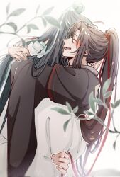 2boys ahoge bishounen black_hair black_hanfu blurry blurry_foreground blush branch chinese_clothes closed_eyes from_side hair_bun hair_ribbon hanfu high_ponytail highres holding holding_ribbon hug lan_wangji leaf long_hair long_sleeves male_focus modao_zushi multiple_boys open_mouth ponytail profile red_ribbon ribbon ribboned_xiao_guan robe sen_mdzs sidelocks smile topknot upper_body very_long_hair wei_wuxian white_background white_hanfu white_ribbon wide_sleeves xiao_guan_(headdress) yaoi