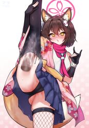 1boy 1girl animal_ear_fluff animal_ears black_gloves black_panties black_thighhighs blue_archive blue_skirt blush breasts brown_hair cameltoe commentary commission cum cum_in_clothes disembodied_penis fishnet_thighhighs fishnets fox_ears fox_girl fox_hair_ornament fox_shadow_puppet fox_tail gloves halo hetero highres izuna_(blue_archive) japanese_clothes kimono kneepits large_variant_set long_sleeves looking_at_viewer matsumaramara miniskirt mismatched_thighhighs neckerchief open_mouth paid_reward_available panties partially_fingerless_gloves penis penis_in_thighhigh pink_halo pink_kimono pink_neckerchief pink_scarf pixiv_commission pleated_skirt scarf shirt skindentation skirt small_breasts solo_focus split standing standing_on_one_leg standing_split tail thighhighs underwear variant_set white_shirt wide_sleeves yellow_eyes