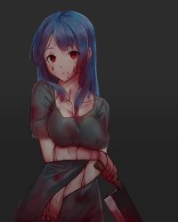 1girl blood blood_on_clothes blood_on_face bloody_weapon blue_hair cleaver dress empty_eyes enri_louvre highres long_hair naraku naraku_1 red_eyes solo weapon