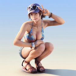 1girl 3d animated animated_gif bangle bikini bikini_top_only blue_nails bracelet breasts breath breathing brown_eyes brown_hair cleavage denim denim_shorts feet female_focus glasses hat heart heart-shaped_eyewear heart-shaped_glasses heart-shaped_sunglasses hirano_miharu jewelry large_breasts legs nail_polish namco official_art sandals short_hair short_shorts shorts smile solo squatting swimsuit tekken tekken_tag_tournament_2 toenail_polish toenails toes v