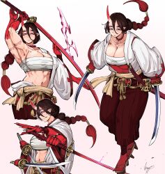 Rule 34 | 1girl, abs, absurdres, antares topaz, black hair, braid, braided ponytail, breasts, cleavage, collarbone, extra arms, extra eyes, gradient hair, hair between eyes, highres, holding, holding sword, holding weapon, horns, japanese clothes, katana, large breasts, long hair, long sleeves, looking at viewer, multicolored hair, multiple views, muscular, muscular female, navel, orange eyes, pointy ears, ponytail, red hair, sash, scorpio (antares topaz), sheath, simple background, solo, star linker, streaked hair, sword, two-tone hair, weapon, white background, wide sleeves