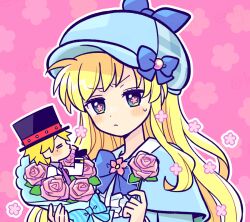 Rule 34 | 1boy, 1girl, blonde hair, blowing kiss, blue eyes, blush, bouquet, bow, bowtie, capelet, center frills, chibi, closed eyes, cordelia glauca, deerstalker, flower, flower-shaped pupils, frills, hat, hat bow, holding, holding bouquet, holding flower, long hair, mini person, mole, mole under eye, necktie, pink background, rose, short hair, sweat, symbol-shaped pupils, tantei opera milky holmes, top hat, tsunoji, twenty (milky holmes), very long hair